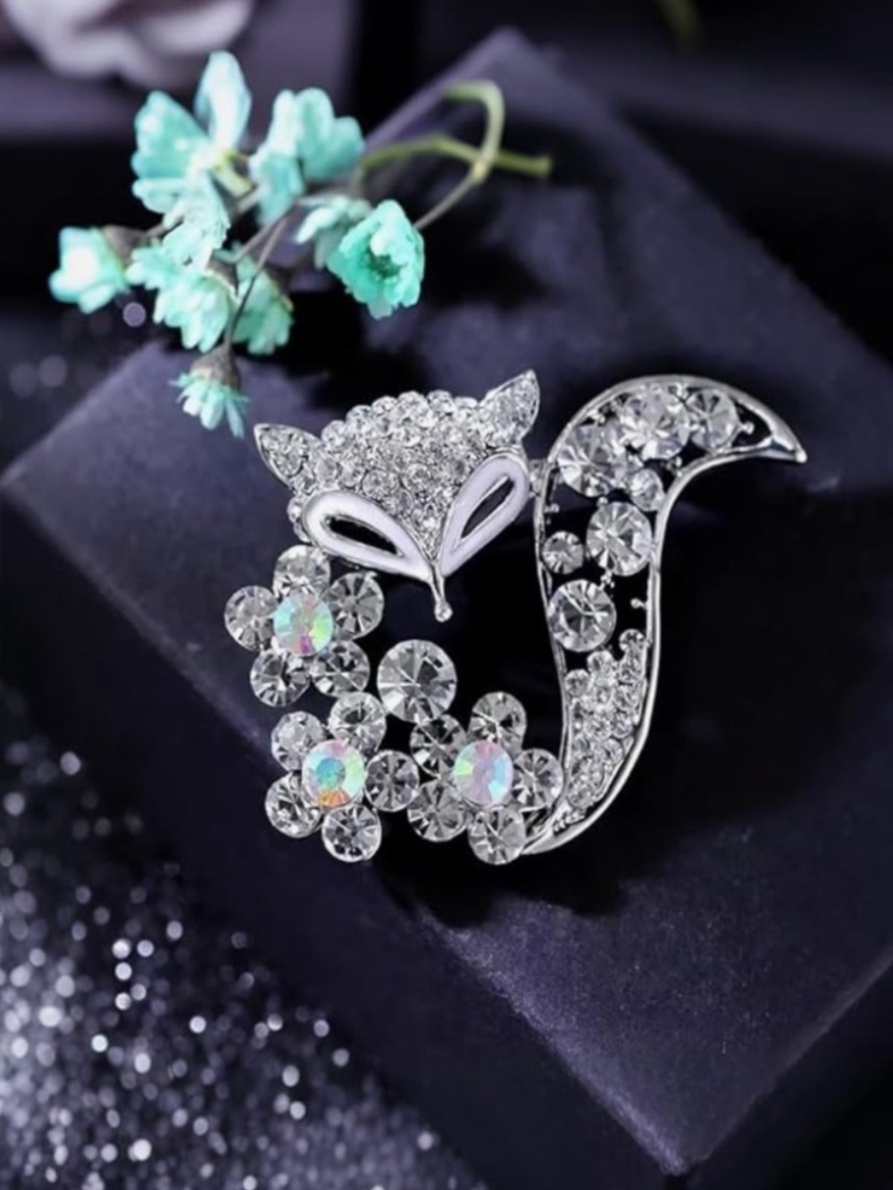 Anthropologie Silver Crystal Fox Brooch with Aurora Flowers